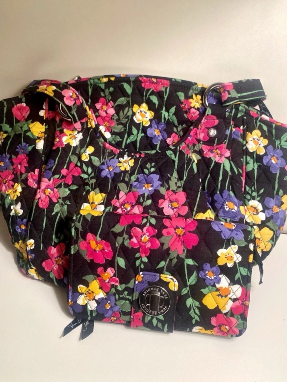 Vera Bradley Black Quilted Floral Shoulder Bag & Wallet. Pink, Yellow, Purple